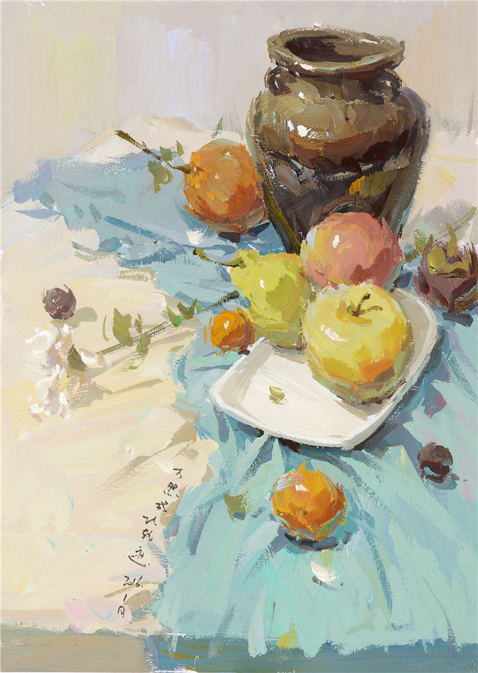 色彩靜物陶罐果盤花束范畫賞析