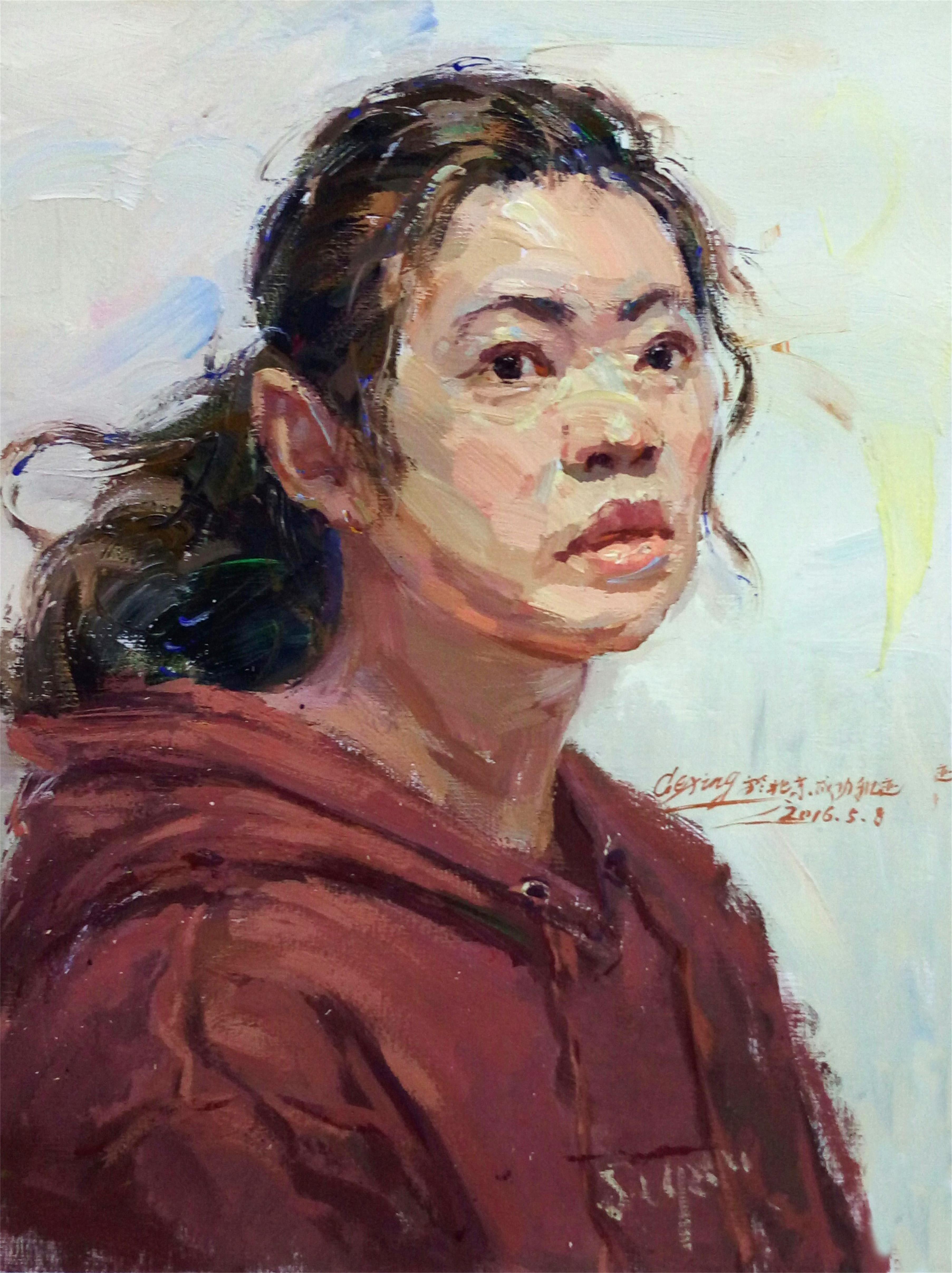 色彩頭像紅衣婦女范畫賞析