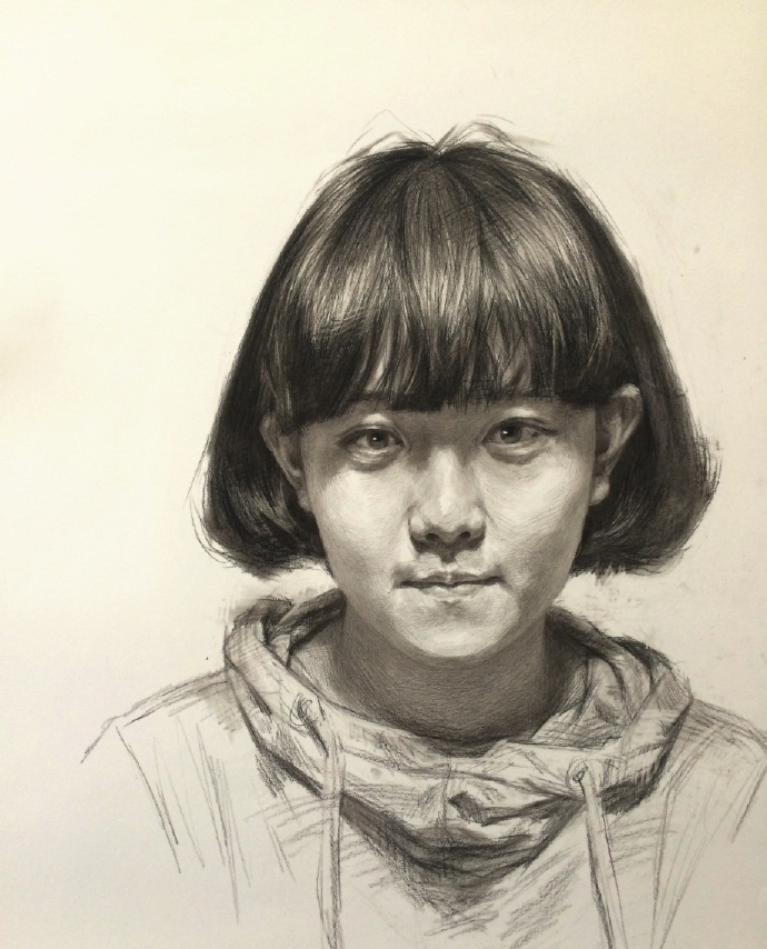 女孩頭發素描頭像畫